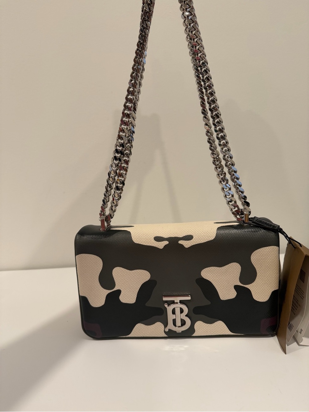 Burberry Black and Cream Camouflage TB Chain Shoulder Bag